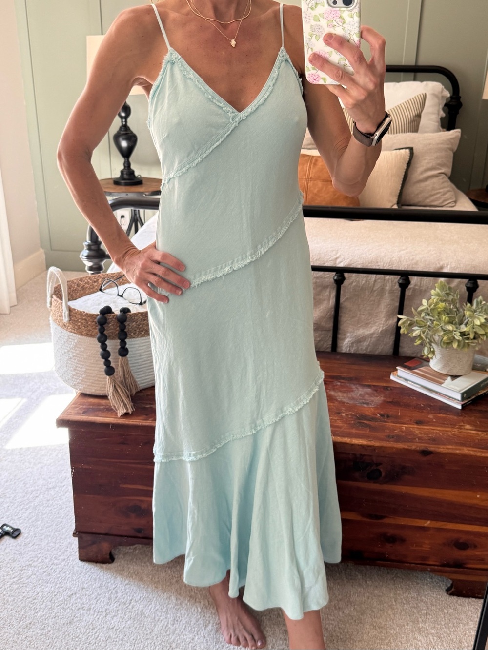 Banana Republic Mint Green Slip Maxi Dress with Frayed Trim